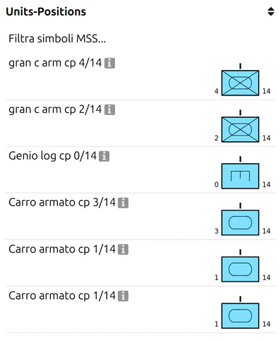 Il pannello «Layer attivo/selezionato» di map.army con i simboli del livello «Units-Positions» e il campo filtro