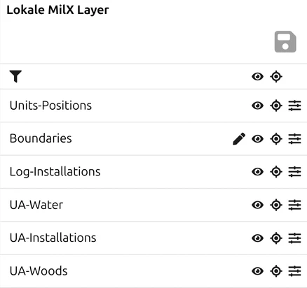 Die MilX-Layerliste in map.army, in der das Stift-Symbol «Boundaries» als aktiven Layer kennzeichnet