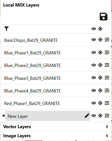 The MilX layer list with the pencil icon marking 'New Layer' as the active layer