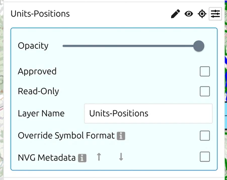 The map.army layer Settings panel for 'Units-Positions' with the 'Approved' checkbox unticked