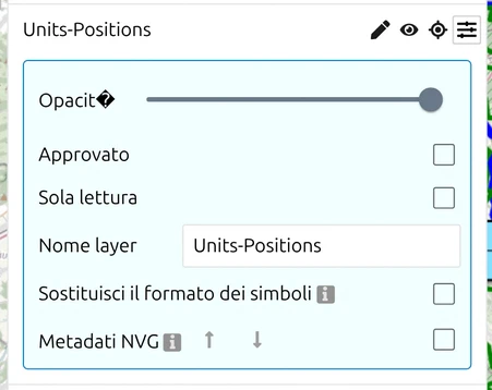 Il pannello Impostazioni del livello «Units-Positions» in map.army, casella «Approvato» non selezionata