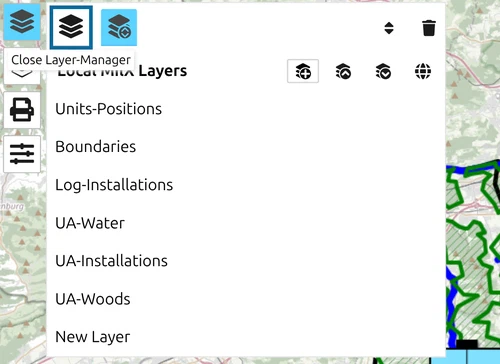 Layer-Manager open with New Layer added at the bottom and Close Layer-Manager ringed