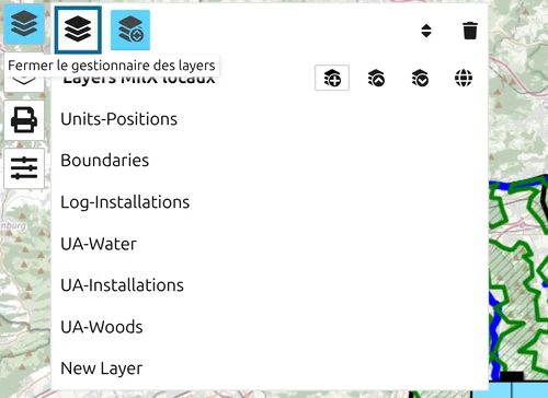 Gestionnaire des layers ouvert, New Layer ajoutée en bas, 'Fermer le gestionnaire des layers' entouré
