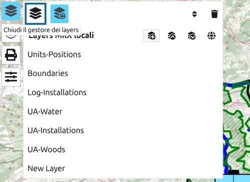 Gestore dei layer aperto con New Layer in fondo e 'Chiudi il gestore dei layer' cerchiato