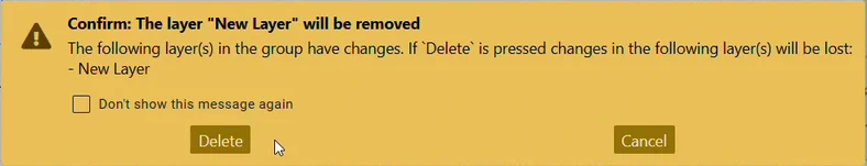 The delete confirmation naming the layer to be removed, with the 'Don't show this message again' checkbox