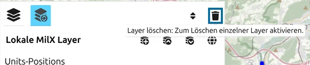 Das Papierkorb-Symbol «Layer löschen» über der Werkzeugleiste des Layer-Managers in map.army, mit geöffnetem Tooltip