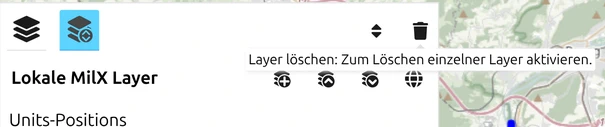 Das Papierkorb-Symbol «Layer löschen» über der Werkzeugleiste des Layer-Managers in map.army, mit geöffnetem Tooltip
