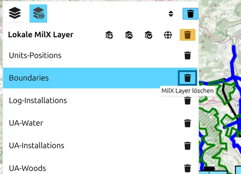 Löschmodus aktiv: Papierkorb-Symbol der Zeile Boundaries hervorgehoben, Tooltip 'MilX Layer löschen'