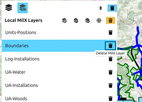 Delete mode on: the trash icon on the Boundaries row ringed, tooltip Delete MilX Layer