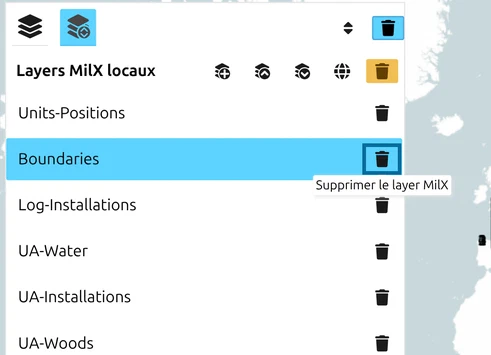 Mode suppression actif : corbeille de la ligne Boundaries entourée, info-bulle 'Supprimer le layer MilX'