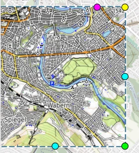 An image layer being placed in Interactive mode: dashed frame with magenta, yellow, cyan and green handles