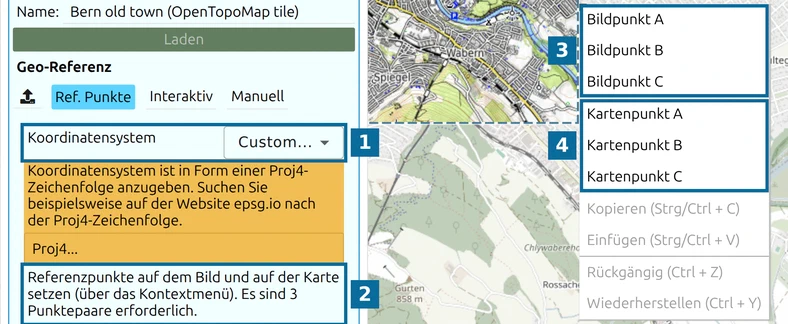 Ref. Punkte in map.army: Koordinatensystem (1), Hinweis (2), Kontextmenü mit Bildpunkt A–C (3) und Kartenpunkt A–C (4)