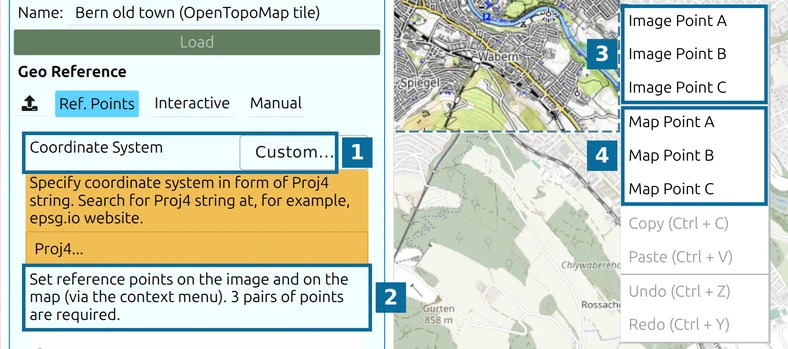 Ref. Points in map.army: Coordinate System (1), hint (2), right-click menu with Image Point A–C (3) and Map Point A–C (4)