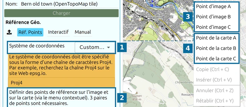 Points de réf. dans map.army : Système de coordonnées (1), indication (2), Point d'image A–C (3), Point de la carte A–C (4)