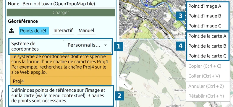 Points de réf. dans map.army : Système de coordonnées (1), indication (2), Point d'image A–C (3), Point de la carte A–C (4)