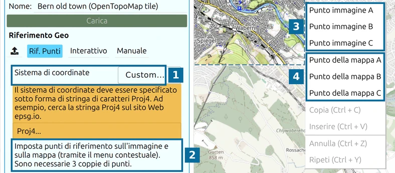 Punti rif. in map.army: Sistema di coordinate (1), suggerimento (2), Punto immagine A–C (3), Punto della mappa A–C (4)