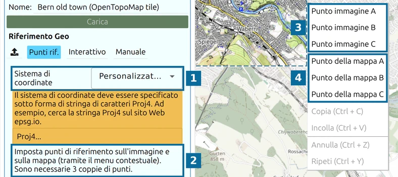 Punti rif. in map.army: Sistema di coordinate (1), suggerimento (2), Punto immagine A–C (3), Punto della mappa A–C (4)