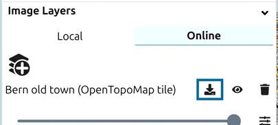 An image layer row with the download icon 'Save placement of image overlay' ringed