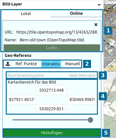 Vorbereiteter Bild-Layer: Quelle (1), Platzierungsmodi (2), Koordinatensystem (3), Kartenbereich (4), Hinzufügen (5)