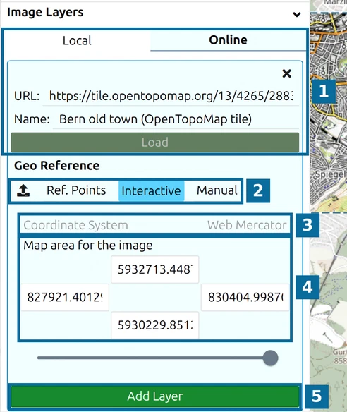 A staged image layer in map.army: source (1), placement modes (2), Coordinate System (3), map area (4) and Add Layer (5)
