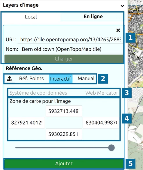 Calque image en attente dans map.army : source (1), modes (2), Système de coordonnées (3), carte (4), Ajouter un layer (5)
