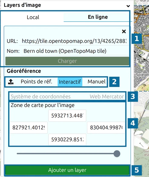 Calque image en attente dans map.army : source (1), modes (2), Système de coordonnées (3), carte (4), Ajouter un layer (5)
