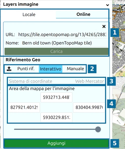 Layer immagine in attesa in map.army: origine (1), modalità (2), Sistema di coordinate (3), area (4), Aggiungi (5)
