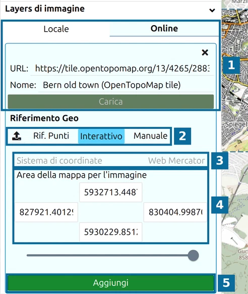 Livello immagine in attesa in map.army: origine (1), modalità (2), Sistema di coordinate (3), area (4), Aggiungi (5)