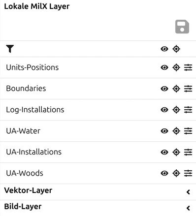 map.army-Layer-Panel mit der Liste «Lokale MilX Layer» und den eingeklappten Gruppen «Vektor-Layer»/«Bild-Layer» darunter