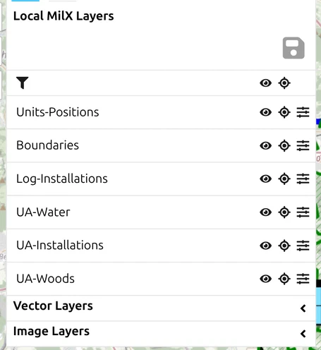 The map.army Layers panel listing 'Local MilX Layers' with the collapsed 'Vector Layers' and 'Image Layers' groups below