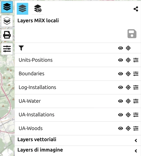 Il pannello Layers di map.army con «Layers MilX locali» e sotto i gruppi compressi «Layers vettoriali» e «Layers immagine»