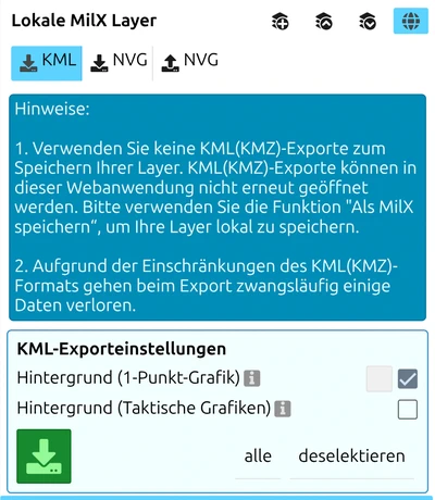 KML-Exportfeld von map.army: Hinweis, dass KML-Exporte nicht wieder geöffnet werden können und Daten verloren gehen