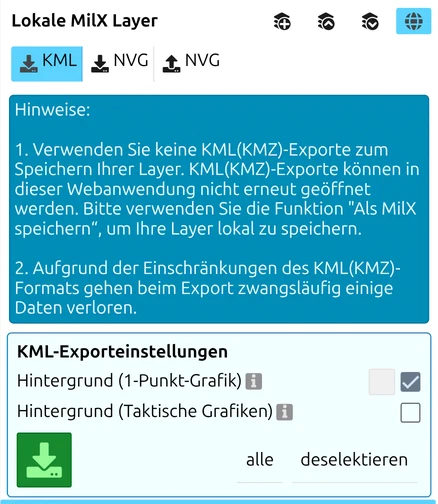 Der KML-Export im Layer-Manager von map.army mit den «KML-Exporteinstellungen» und der grünen Download-Schaltfläche