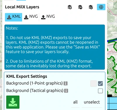 map.army KML export panel warning that KML exports cannot be reopened in the app and that some data is lost