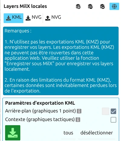 Panneau d'export KML de map.army avertissant que les exports KML ne peuvent pas être rouverts et que des données sont perdues