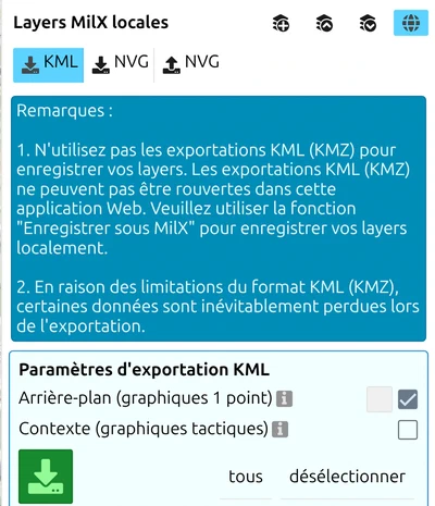 Le panneau « Exporter/Importer dans d'autres formats » de map.army, onglet KML et ses réglages d'export