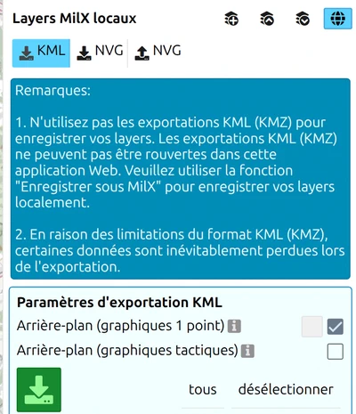 Panneau d'export KML de map.army avertissant que les exports KML ne peuvent pas être rouverts et que des données sont perdues