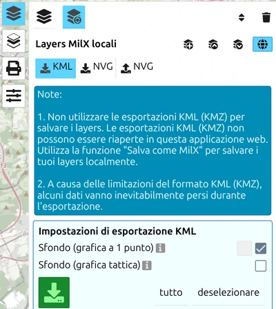 Pannello export KML di map.army: avviso che gli export KML non si riaprono e che alcuni dati si perdono