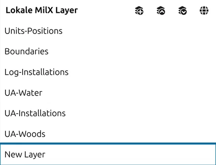 Layerliste des Layer-Managers in map.army mit mehreren MilX-Layern, darunter der neu erstellte «New Layer» am Ende