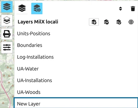 L'elenco dei layer MilX di map.army con «New Layer» aggiunto in fondo, sotto i layer già presenti