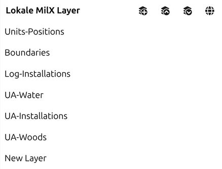 Layerliste des Layer-Managers in map.army mit mehreren MilX-Layern, darunter der neu erstellte «New Layer» am Ende