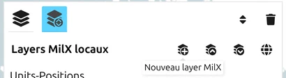 Le gestionnaire des layers de map.army, panneau « Layers MilX locaux », avec « Nouveau layer MilX » sous le pointeur