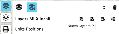 La barra degli strumenti del Layer-Manager di map.army, con «Nuovo Layer MilX» sotto il puntatore