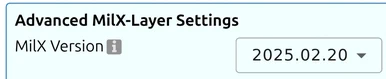 The map.army 'Advanced MilX-Layer Settings' panel title and 'MilX Version' dropdown