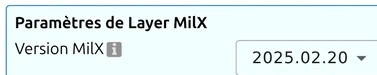 Titre « Paramètres avancés du layer MilX » et menu déroulant « Version MilX » de map.army