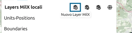 Intestazione del gestore dei layer con l'icona 'Nuovo Layer MilX' cerchiata e il suggerimento aperto