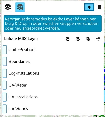Layer-Manager mit aktivem Reorganisationsmodus: hervorgehobener Schalter, blaues Banner und Ziehgriff an jeder Layer-Zeile