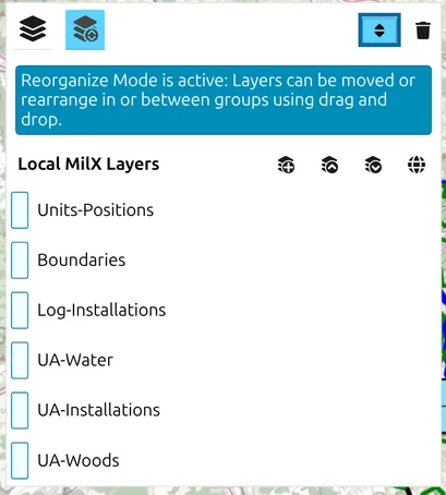 Layer-Manager with Reorganize Layers switched on: ringed toggle, blue banner and a drag handle at every layer row