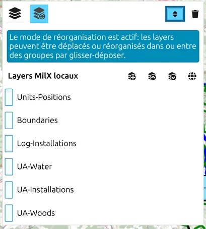 Gestionnaire des layers en mode de réorganisation : bouton entouré, bandeau bleu et poignée sur chaque ligne