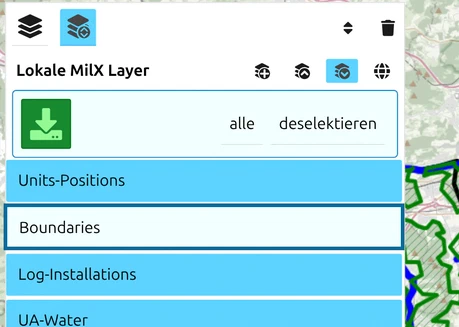 Auswahlmodus: alle Layer ausgewählt ausser Boundaries, die Zeile ist hervorgehoben